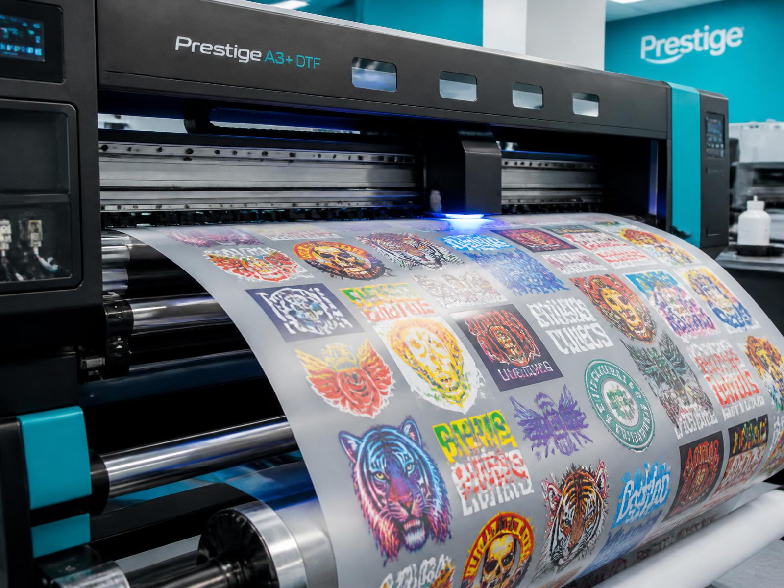 A DTF printer producing a colourful Pop Transfers gang sheet
